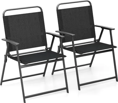 Two black folding chairs are shown against a white background.
