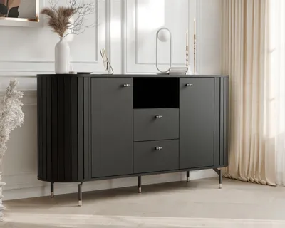 Obrázek produktu pro Drážkovaná komoda SENTO 190 cm se 2 zásuvkami 2 dvířky Moderní designový příborník Dvoudveřový Funkční a prostorný Černá barva