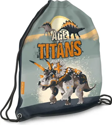 Produktbild von Ars Una Schuhbeutel für Kinder, Schule und Kindergarten, Sportbeutel, Gymsack, Turnbeutel, Age of theTitans - Dinosaurier, grau-orange, für Jungen