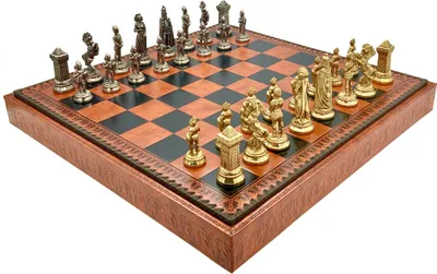 Produktbild von 3-in-1 Schachset 48 cm – „Maria Stuarda“, Lederbrett, Metallfiguren
