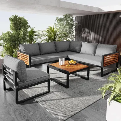Obrázek produktu pro Zahradní nábytek 5dílná sedací souprava pro 5-6 osob, venkovní lounge v šedé barvě