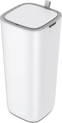 A white smart sensor trash can with a gray lid and handle.