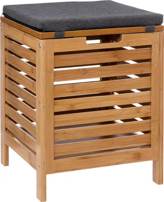 Image de Tabouret de salle de bain avec panier à linge, 2en1, 35 L, BAMBOU