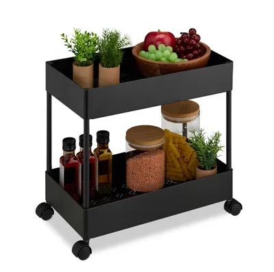 Immagine prodotto di Carrello Relaxdays, 2 ripiani, carrello da servizio, carrello da cucina, per bagno e ufficio, scaffale su ruote, A x L x P: 38 x 39,5 x 21,5 cm, nero