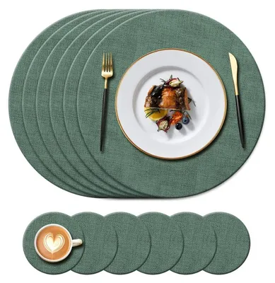 Immagine prodotto di Set di 6 sottopiatti e sottobicchieri verdi, con effetto pelle, resistenti al calore, dimensioni 34 cm e 10 cm