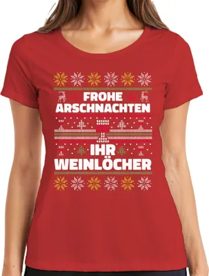 Produktbild von Frohe Arschnachten Ihr Weinlöcher Sarkasmus - Ugly Christmas Sweater Weihnachten Damen T-Shirt, Rot, 3XL