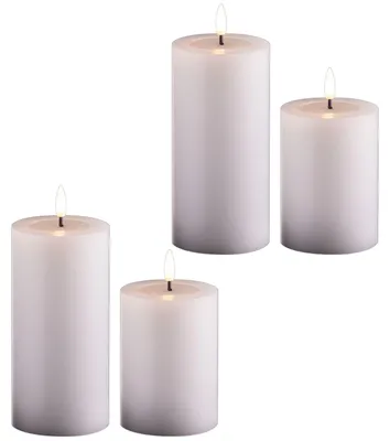 Produktbild von 4er Set Led Kerzen flackernde Flamme mit Echtwachspiegel weiß 7,5cm ø 2x 15 cm, 2x10 cm Höhe, LED Kerzen mit Timerfunktion, 2 AA Batterien nötig, LED Echtwachs Stumpenkerzen warmweiß