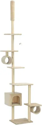 Imagen del producto de Árbol para gatos de 260 cm de altura: Gran estructura para gatos hecha de madera, con postes de sisal para rascar, plataformas de felpa, túnel y casita para gatos. Árbol para gatos en color beige