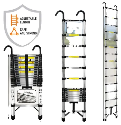 Productafbeelding van Telescoopladder, uitschuifbaar model, draagvermogen 150 kg, 5,1 meter lang, met haken