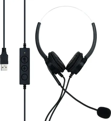 A black USB headset with a noise-cancelling microphone is shown against a white background.