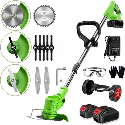 Produktbild von Akku-Rasentrimmer mit 2x 21V Batterie und Ladegerät,3-in-1 Kabelloser Unkrautfresser,3 Arten Klingen,Teleskop-Stiel & Zusatzhandgriff,mit Rädern,Grün