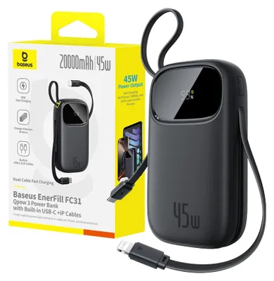 Produktbild von BASEUS EnerFill Powerbank 20000mAh 45W mit integrierten USB-C/Lightning Kabeln