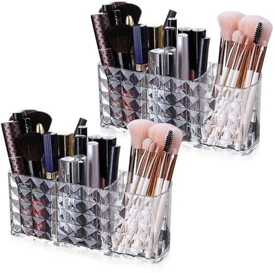 Immagine prodotto di Uniqoos® Organizer trasparenti in acrilico per cosmetici, con 3 scomparti, set da 2 – Design cristallino, ideale per make-up, bagno e scrivania