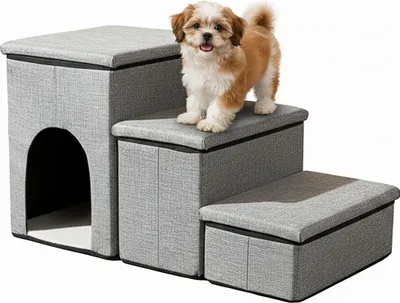 Produktbild von Relaxdays Hundetreppe, 3 Stufen, Höhle & Stauraum, HxBxT: 43 x 75 x 33 cm, faltbar, Hunderampe Bett & Sofa, hellgrau