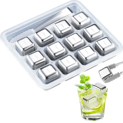 12er Set Edelstahl-Eiswürfel, wiederverwendbar, mit Zange & Box