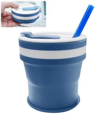 Imagen del producto de Ibenzoa® Vaso de silicona plegable para viajes, 350 ml: taza de café compacta y reutilizable con tapa y pajita, color azul