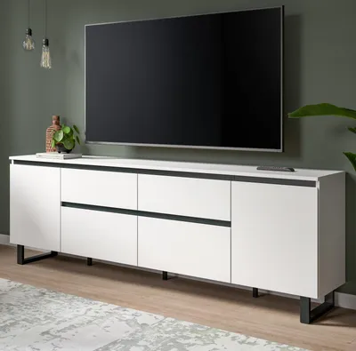 Produktbild von TV-Lowboard "Gelia" in weiß und schwarz TV Unterteil 188 x 65 cm, Soft-Close und Komforthöhe