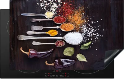Produktbild von KitchenYeah© Herdabdeckplatte Kräuter - Löffel - Gewürze - Industrie , 85x52cm, Küche Deko, Glaskeramikkochfeld Herdabdeckung, Abdeckplatte fùr Kochfeld