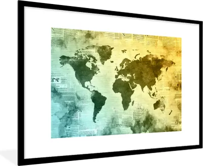 Produktbild von MuchoWow® MuchoWow® Gerahmtes Poster Weltkarte - Blau - Gelb 90x60 cm - Poster mit zchwarzem Bilderrahmen - Wanddekoration - Fotos
