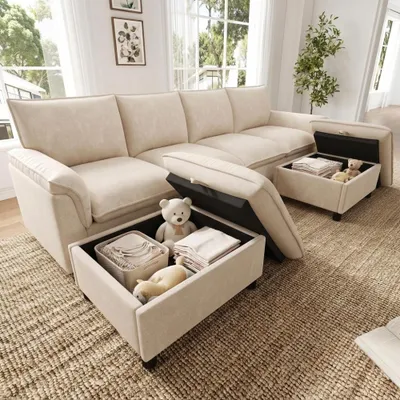Produktbild von Modulares U-Sofa mit tiefem Sitz, bequemes Ecksofa, hohe Rückenlehne, inklusive 2 Fußhocker, Farbe Beige, Maße: 264,5x142,5x84 cm