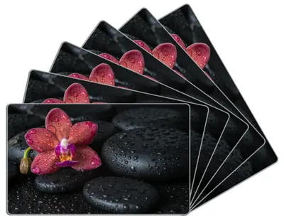 Produktbild von Wallario Frühstücksbrettchen 6er Set aus Glas, je 14 x 23 cm, mit rutschfesten Füßen, Motiv Orchideen-Blüte auf schwarzen Steinen, benetzt mit Wasser-Tropfen