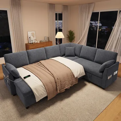 Produktbild von Merax L/U-Ecksofa mit Schlaffunktion, 6-Sitzer Sofa mit Chaiselongue, Stauraum, USB Type-C, Seitentaschen, 3 Kissen, Schlafsofa, Bettsofa, Grau