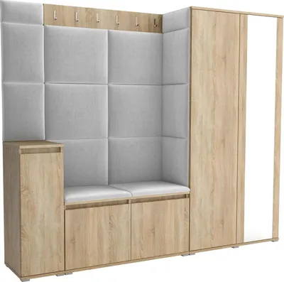 Produktbild von Garderoben-Set Noris VIII mit Spiegel, gepolsterte Garderobe 145 cm mit Schuhkommode, Wandpaneelen und Sitzbank (Farbe: Sonoma Eiche+ Trinity 32)