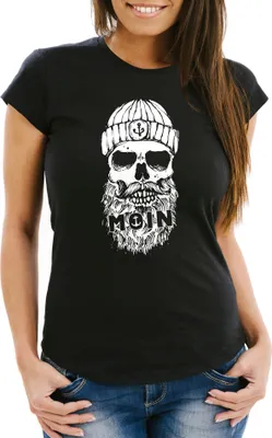 Produktbild von Damen T-Shirt Moin Totenkopf Anker Skull Slim Fit Neverless® schwarz S