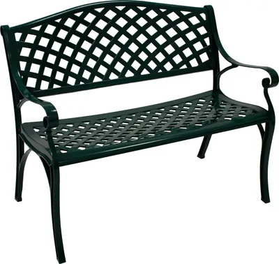 A dark green metal garden bench with a lattice design.