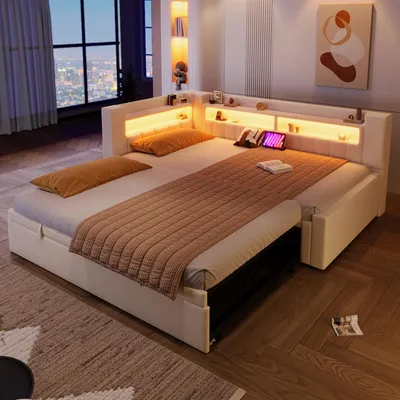 Image de Lit rembourré Flieks 90 x 200 cm / 180 x 200 cm avec LED, canapé-lit avec lit gigogne, lit de jour pour adolescent avec ports USB et Type C, lit de jour en lin, beige