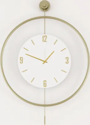 A close-up shot of a modern wall clock with a gold frame and a white face.