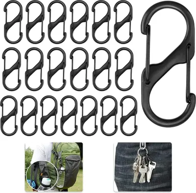 Produktbild von S-förmiger Karabiner, Doppelschlaufe, Kletterkarabiner, Zinklegierung, Schlüsselanhänger-Karabiner, Mini-Karabinerhaken, wasserdicht, schwarzer Karabiner für Reisen, Bergsteigen, Angeln, Camping, Schlüssel – 20 Stück
