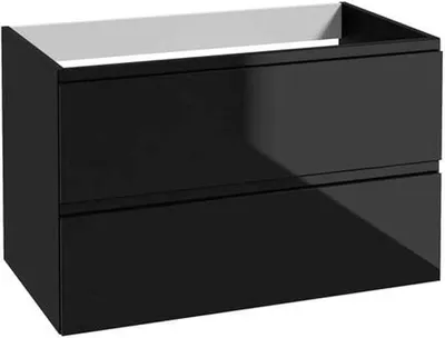 A black bathroom vanity cabinet with two drawers is shown against a white background.