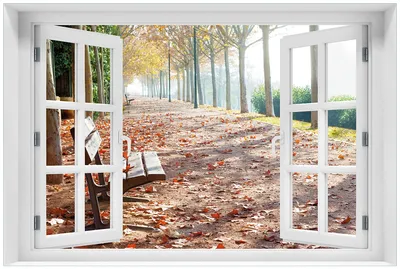 Produktbild von Wallario Premium Glasbild mit Fensterrahmen, freischwebende Optik, kräftige Farben, Größe 60 x 90 cm Motiv Einsame Parkbank an einer Allee - Herbststimmung
