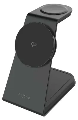A black wireless charging stand for multiple devices.