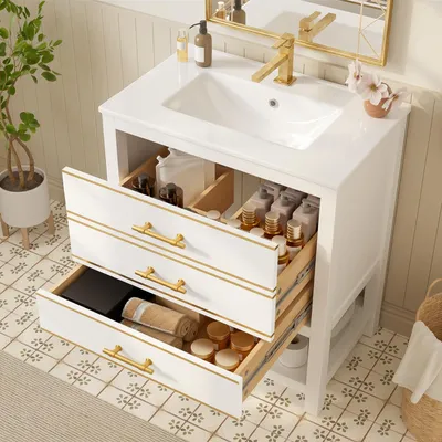 Immagine prodotto di Fortuna Lai Mobile lavabo da bagno bianco con lavabo in ceramica – Mobile da bagno indipendente con 2 cassetti e ripiano aperto, pannello MDF di alta qualità con verniciatura, maniglie dorate, senza rubinetteria e scarico