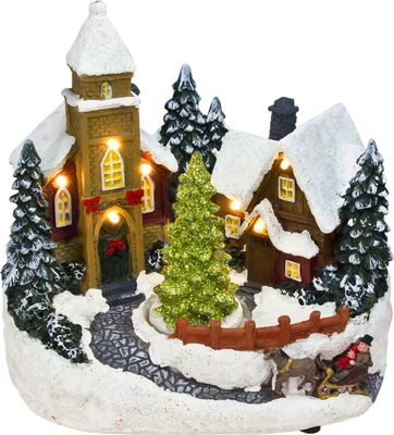 LED Weihnachtsdorf Szene mit Bewegung - 19 cm - Deko Winterstadt warm weiß beleuchtet - Weihnachtsdeko Tischdeko Winterdorf Weihnachtsstadt Batterie betrieben