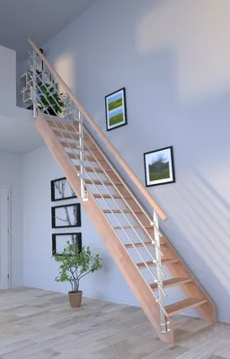 Produktbild von Holztreppe Rhodos in gerader Ausführung-Buche-Design Geländer Edelstahl-ohne Setzstufen