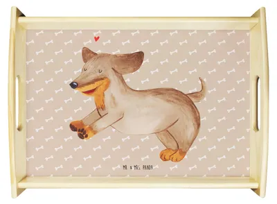 Produktbild von Mr. & Mrs. Panda Tablett Hund Dackel - Hundeglück - Geschenk, Dachshund, Servier, Sprüche, aus holz, Herz, Holztablett, serviertablett