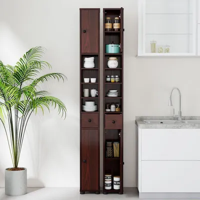 Immagine prodotto di Mobile alto da bagno con cassetto e ripiani regolabili, color marrone