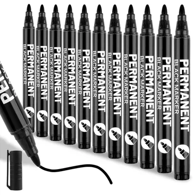 Obrázok produktu pre Permanentné fixky čiernej farby, 12 kusov, vodeodolné, rýchlo schnúce, odolné voči rozmazávaniu, špička 1-2 mm