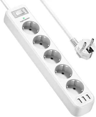 Imagen del producto de Regleta de enchufes de 5 tomas con 3 puertos de carga USB - Enchufe múltiple para montaje en pared (16A)