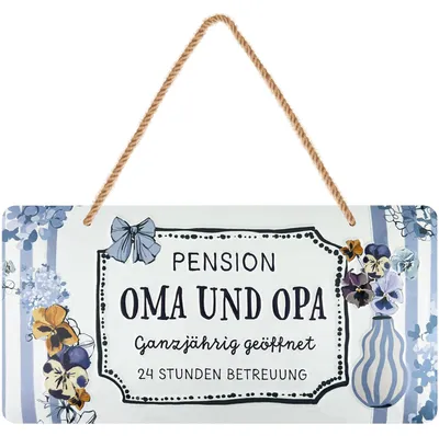 Produktbild von LANOLU Oma und Opa Pension Blechschild, lustiges Retro Schild mit Jutelkordel, Geschenk für Großeltern, 16x32 cm