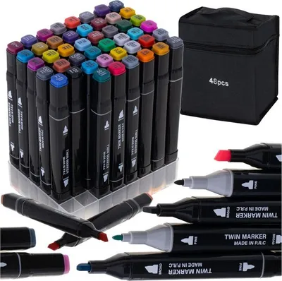 Produktbild von Playos® - Alkoholmarker - 48 Stück - Inklusive Aufbewahrungstasche und Sockel - Etui - Stifte - Doppelmarker - Erwachsene und Kinder - Doppelseitige Doppelspitzenmarker - Twinmarker - Alkohol-Textmarker - Alkohol-Stifte - Kreativ - Zeichnen und Ausmalen