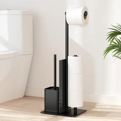 Produktbild von Famanu Toilettenpapierhalter mit Bürste und Ablage - Schwarze Badezimmeraccessoire-Set