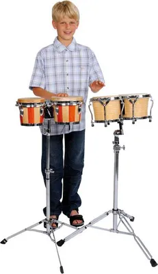Produktbild von Bongos Sparset mit zwei Trommeln, höhenverstellbaren verchromten Stativen und neigbarem Kopf 70-110 cm