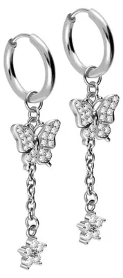Produktbild von Chirurgenstahl Ohrclicker Creolen KRISTALLSCHMETTERLING + KRISTALLBLUME Silber Innendurchmesser: 10mm + Designstärke: 1,6mm