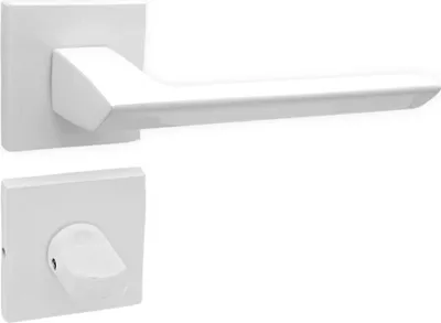Produktbild von DOMINO Türgriff Drückergarnitur WC - Badezimmer Set | quadratische Rosette | für Badezimmertüren | Set WC - Rosetten-Garnitur | Türbeschläge aus Aluminium  |Weiss Türdrückergarnitur |ELENA QR SLIM WHITE