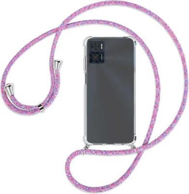 Produktbild von Handykette Backcover-Schutzhülle mit Band (Metall silberfarben) für Motorola Moto E22, Moto E22i 4G - lila/rosa/blau