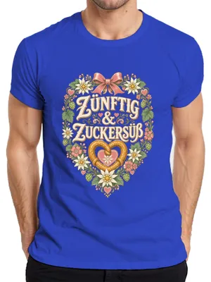 Obrázek produktu pro Zünftig & Zuckersüß: , bavorské oblečení "Wiesn", dámské šaty "Dirndl", pánské kalhoty "Lederhose", pánské tričko, modrá barva, velikost S